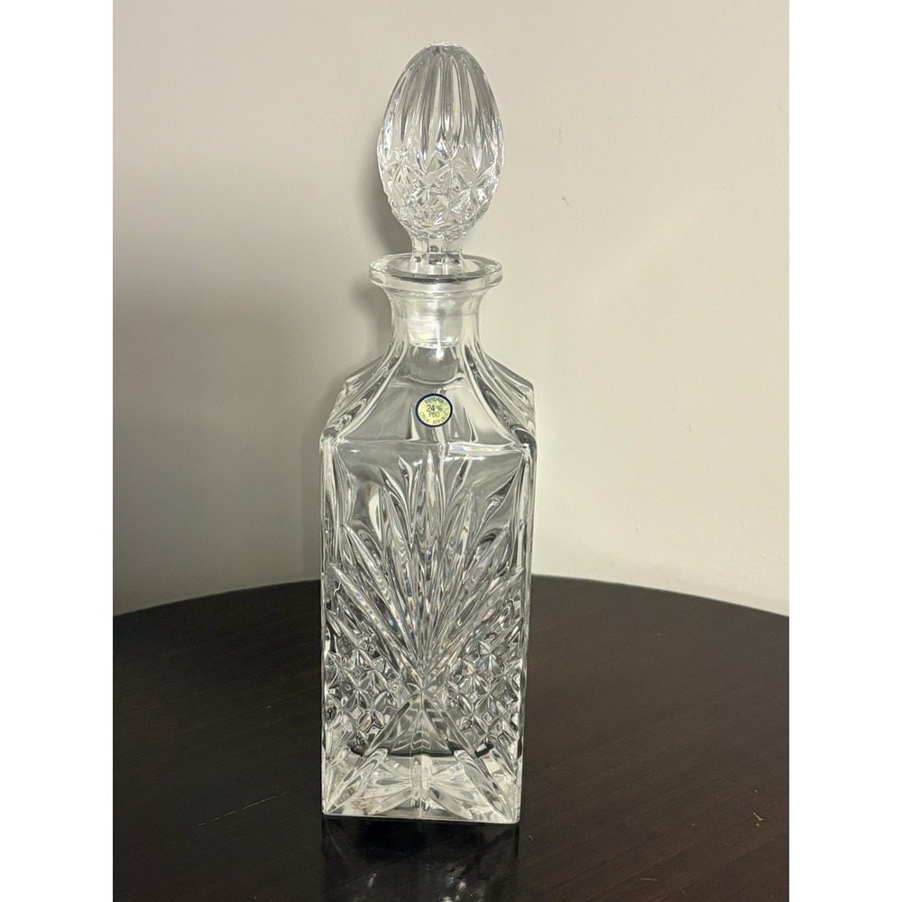 Bohemia Czech Crystal Decanter 24% Lead Cut Glass Square 13.5" Stopper